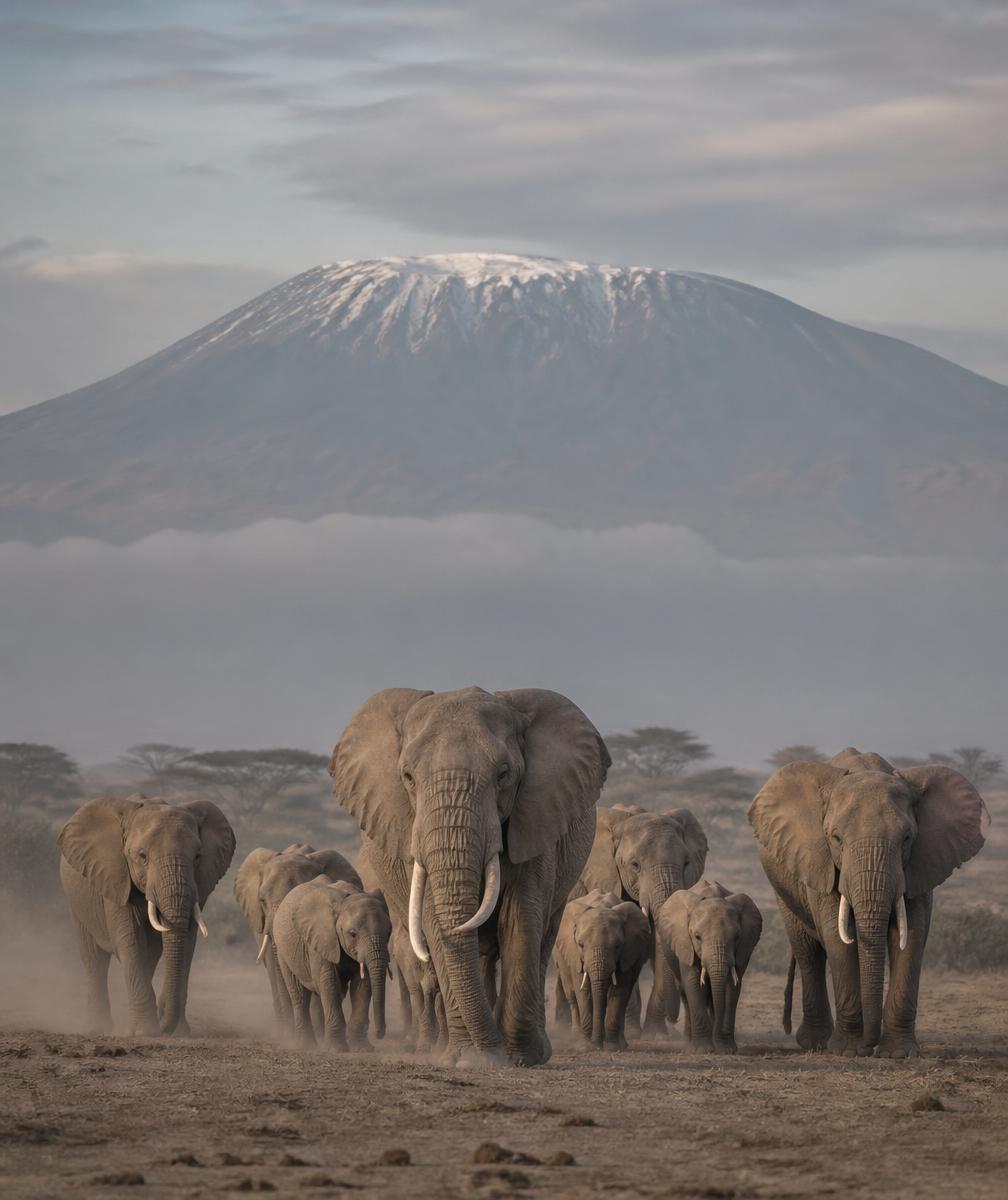 Elephant herd walking beneath Mount Kilimanjaro