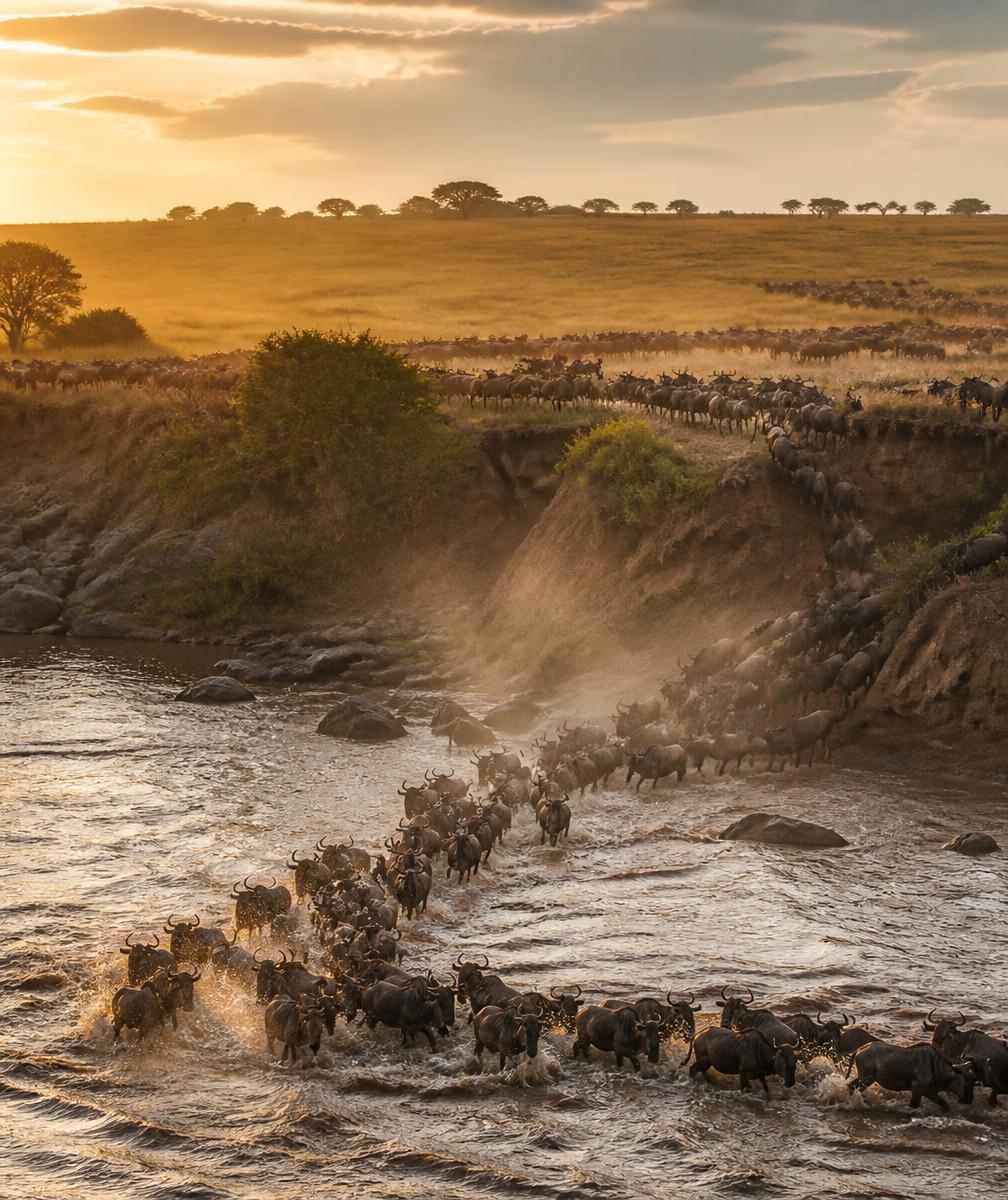 Wildebeest crossing a river in the Maasai Mara at sunset