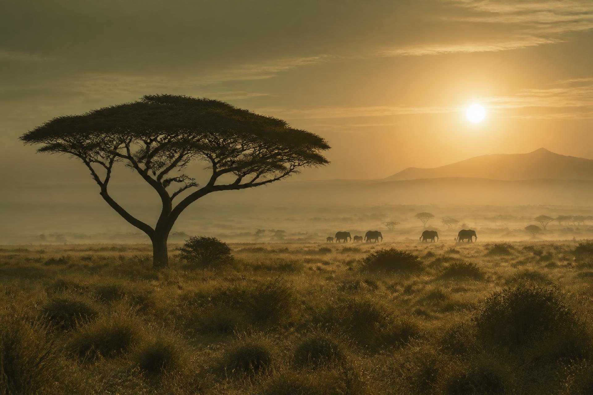 Acacia tree silhouetted against a misty Kenyan sunrise with elephants on the plains